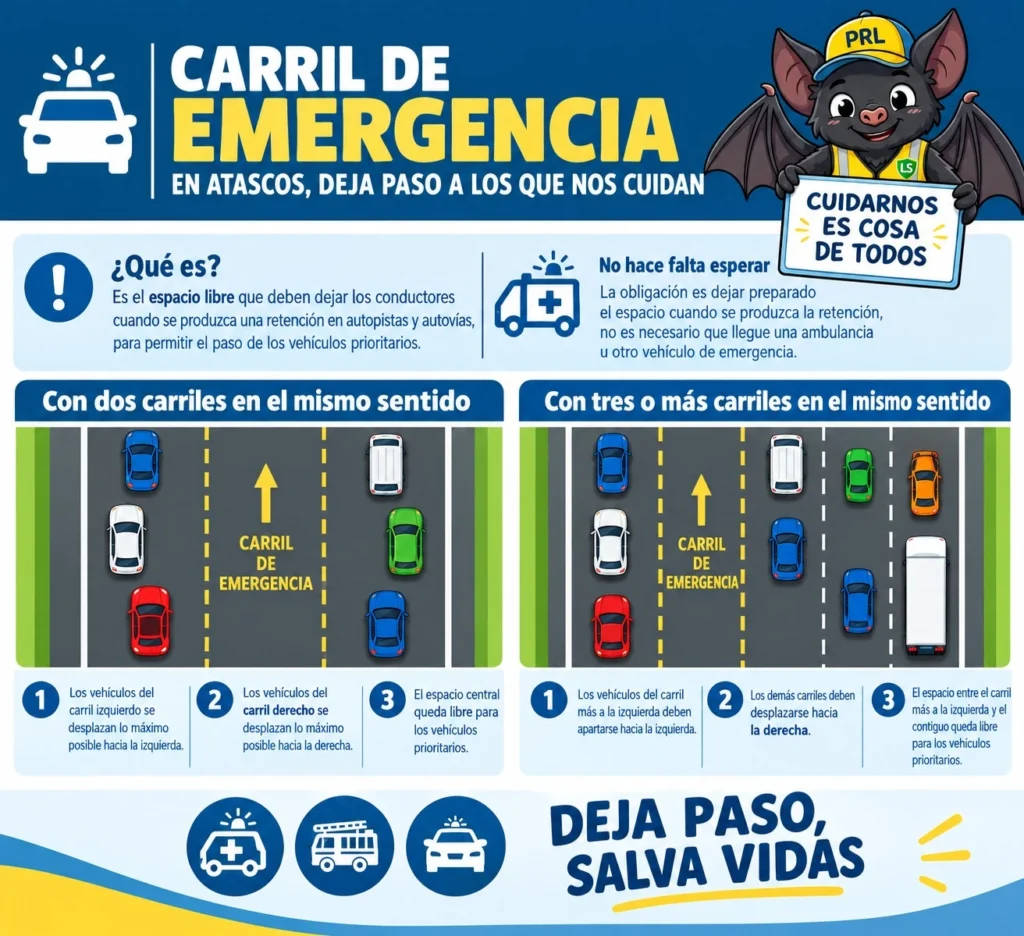 Infografía sobre el carril de emergencia en atascos de autopistas y autovías, con indicaciones para formar el corredor de paso de vehículos prioritarios.